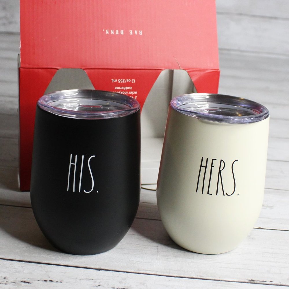 Rae Dunn His Hers Stainless Steel Wine Glasses Stemless Tumblers Bride Groom